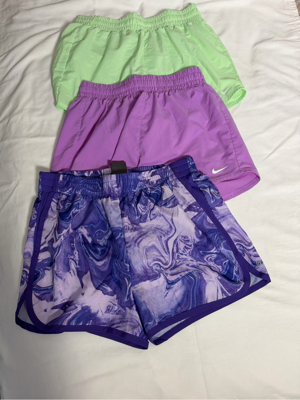 Nike Girls' Purple, Light Green, and Marble Purple Athletic Shorts Trio